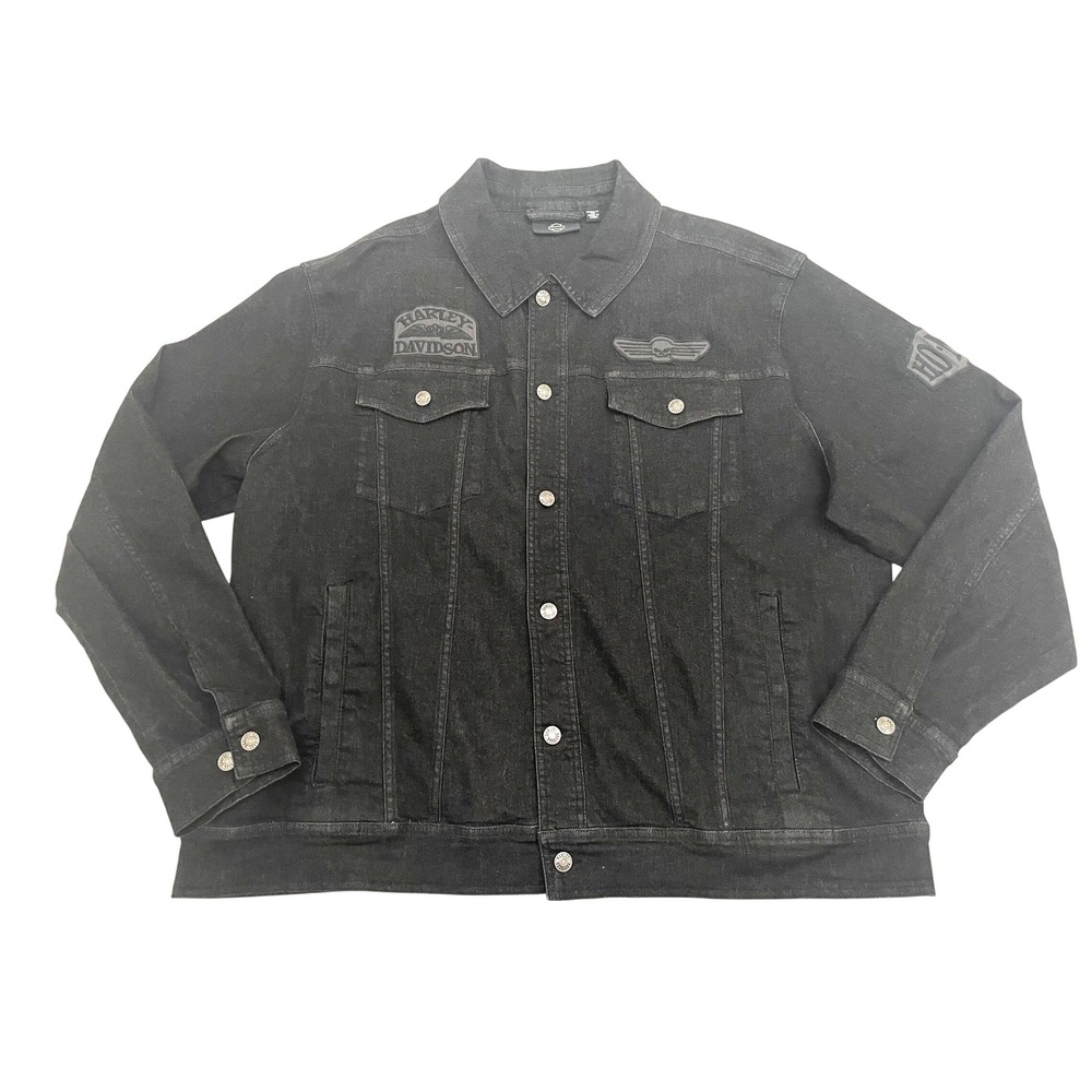 Harley Davidson Denim Trucker Jacket 2XL Black Embroidered Patches Motorcycle